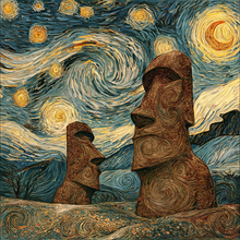 Load image into Gallery viewer, Van Gogh Moai Easter Island Poster, Starry Night Style Art Print, Swirling Sky