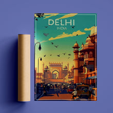 Load image into Gallery viewer, Delhi India Retro City Poster, Vintage India Print, Old Delhi Street Art