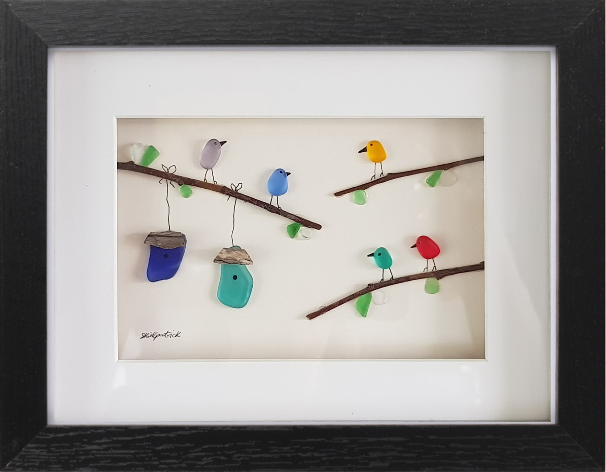 Colorful Birds Sea Glass Art - Framed Sea Glass Picture